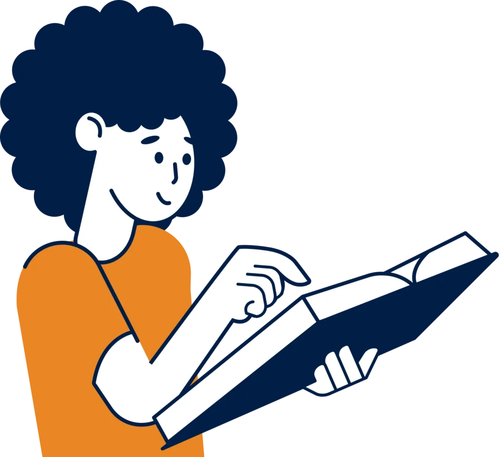 Illustration of a person looking through a book.