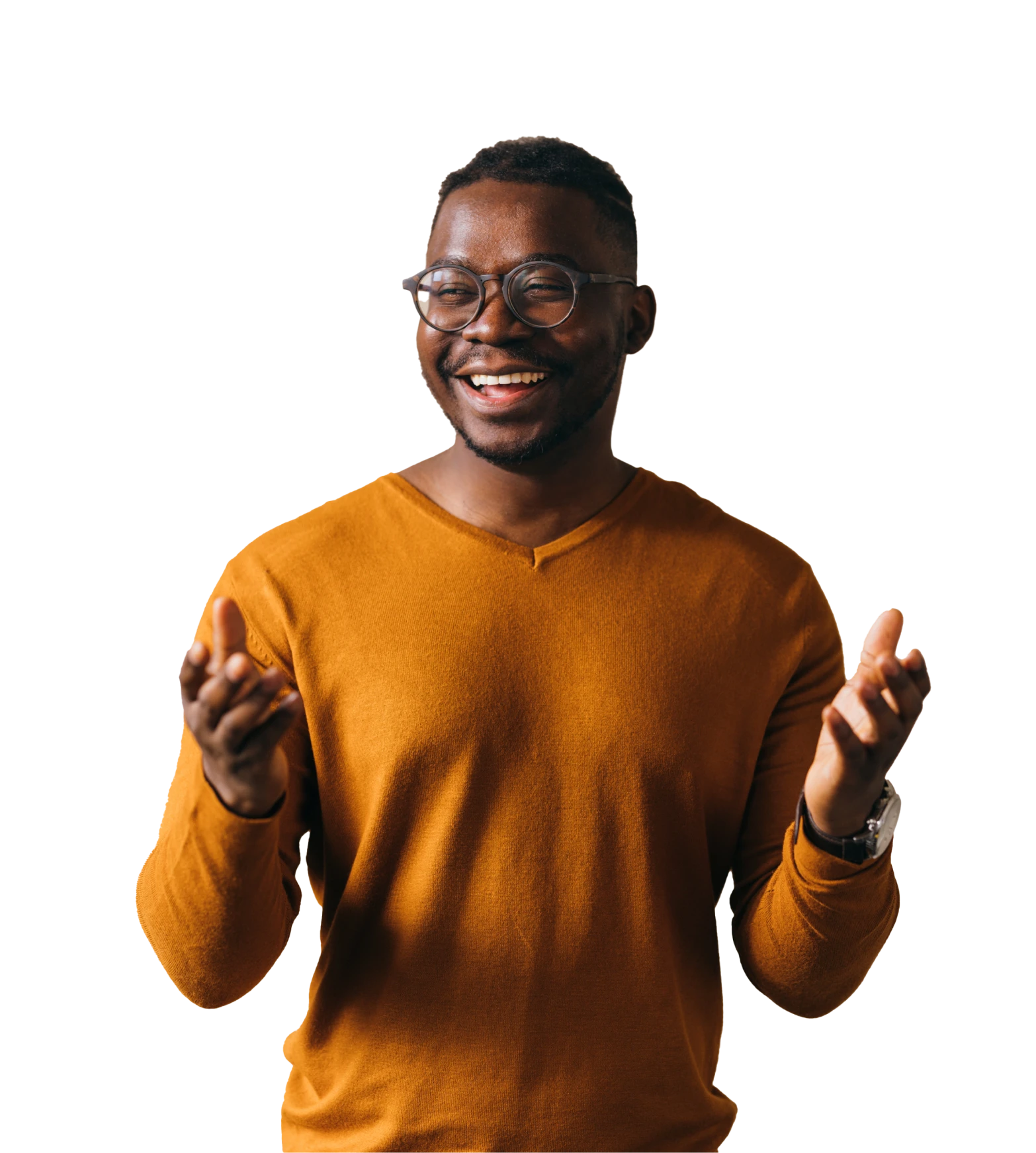 Man smiling and talking with hands